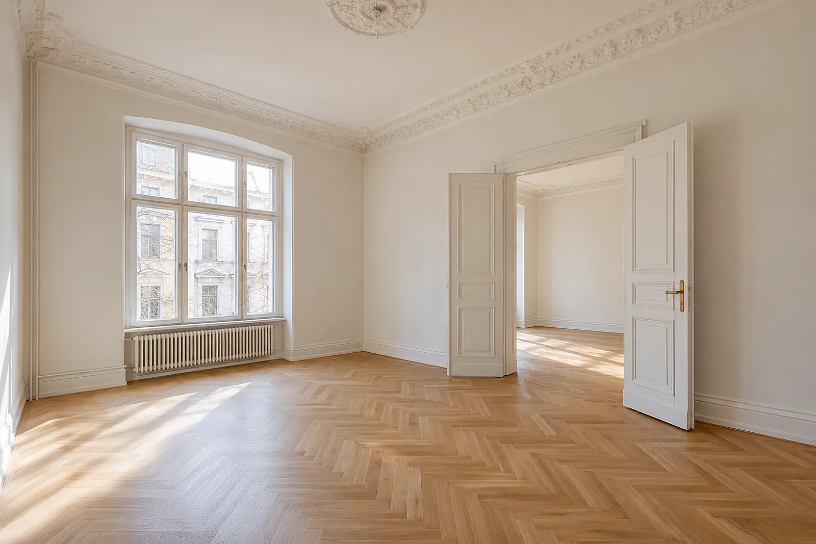 Wohnungssanierung Berlin: frisch sanierte Altbauwohnung mit Stuckdecke, Fischgrätparkett und weißen Flügeltüren
