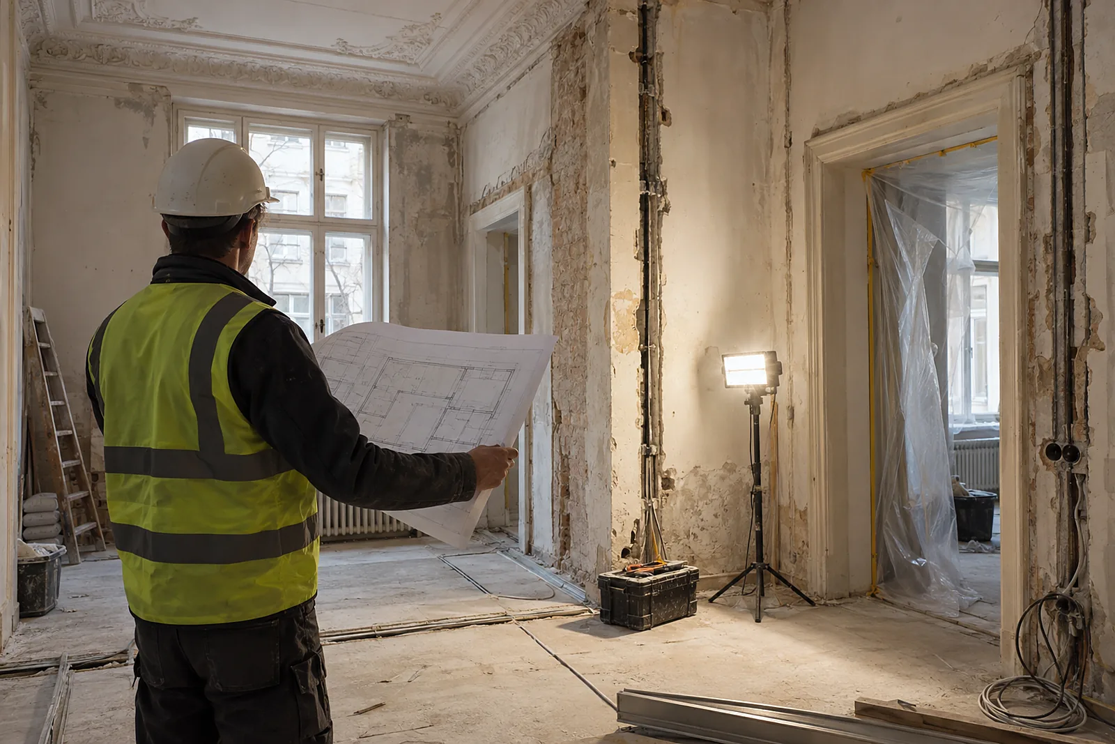 Bauleiter mit Plan auf der Sanierungsbaustelle einer Berliner Altbauwohnung