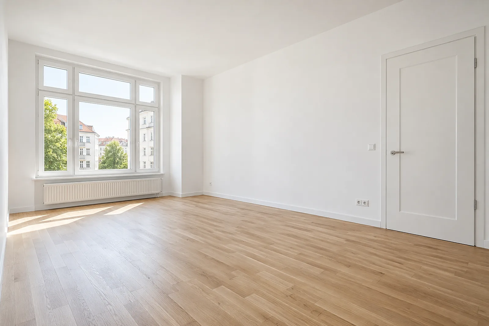 Fertig sanierte Berliner Wohnung mit neuem Boden und frisch gestrichenen Wänden bei der Übergabe