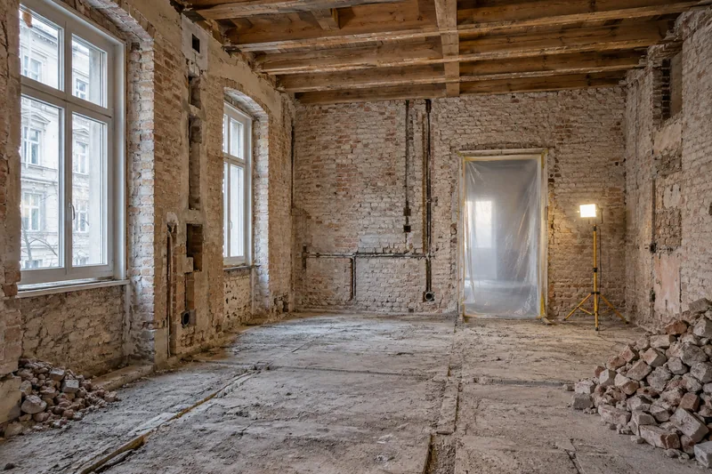 Kernsanierung Berlin: entkernte Altbauwohnung auf dem Rohbau, Leitungen und Estrich sind heraus