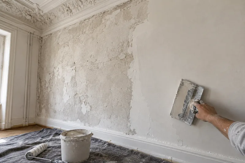Wohnungsrenovierung Berlin: Maler spachtelt eine Wand in einer leeren Berliner Mietwohnung