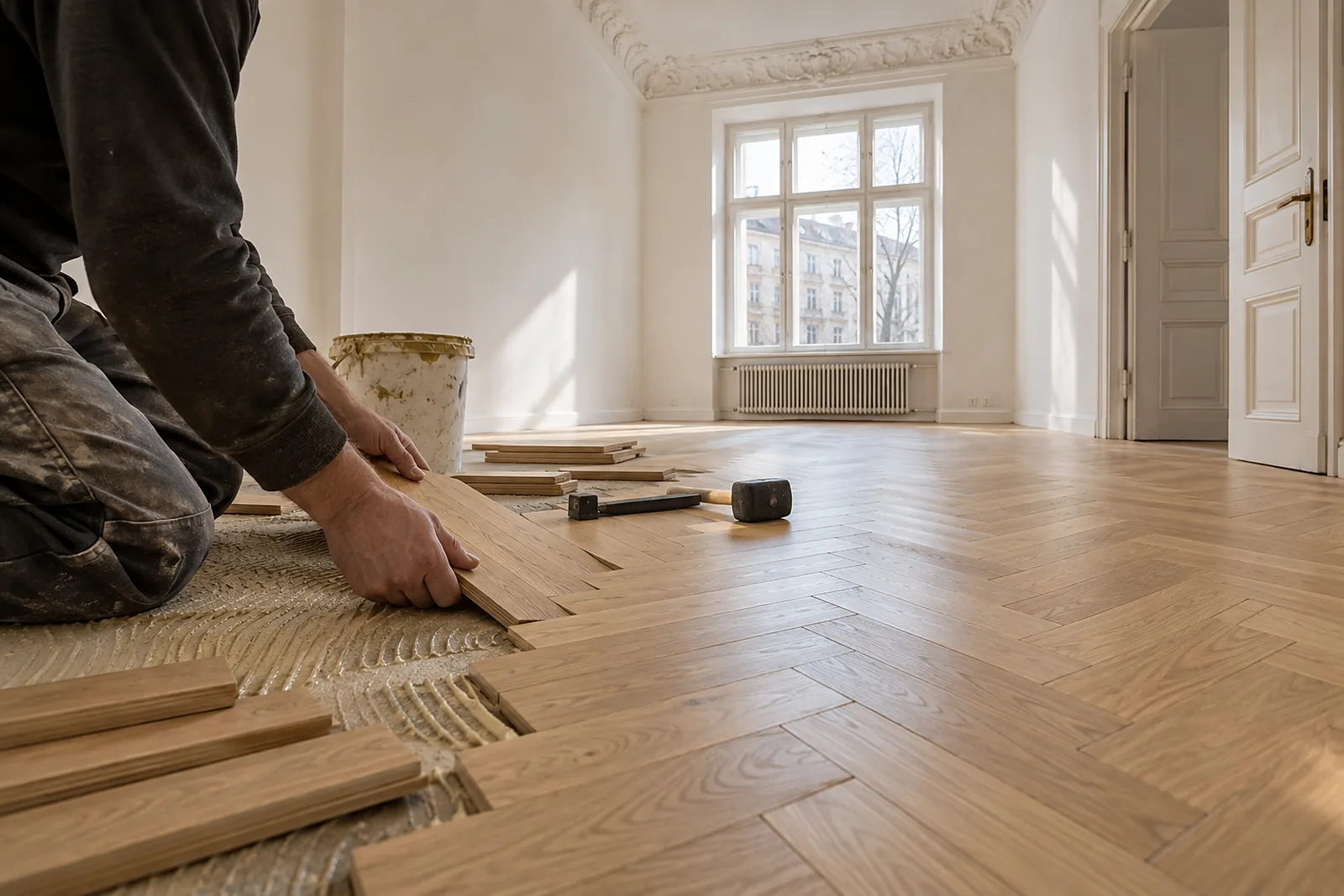 Verlegung von Eichenparkett in einer Wohnung in Friedenau