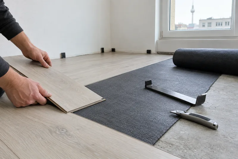 Bodenleger Berlin: Verlegung von Vinyl-Klickboden in einer leeren Berliner Wohnung