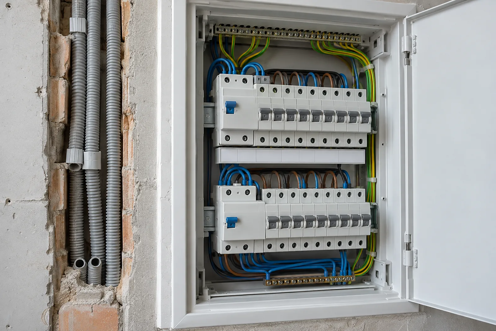 Elektrokosten berechnen: offener Zählerschrank mit neuer Unterverteilung in einer Berliner Wohnung
