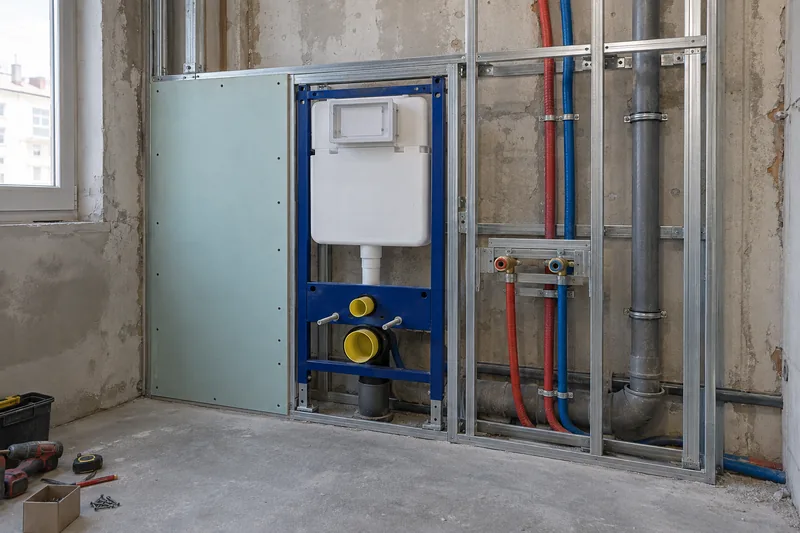 Sanitärinstallation Berlin: neue Vorwand mit Spülkasten und Trinkwasserleitungen in einem Berliner Bad