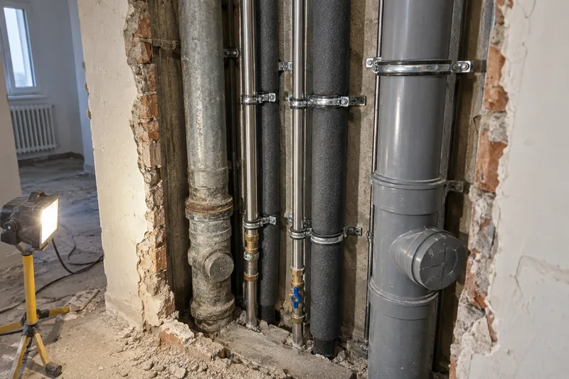 Strangsanierung Berlin: geöffneter Installationsschacht mit neuen Steigleitungen in einem Mehrfamilienhaus