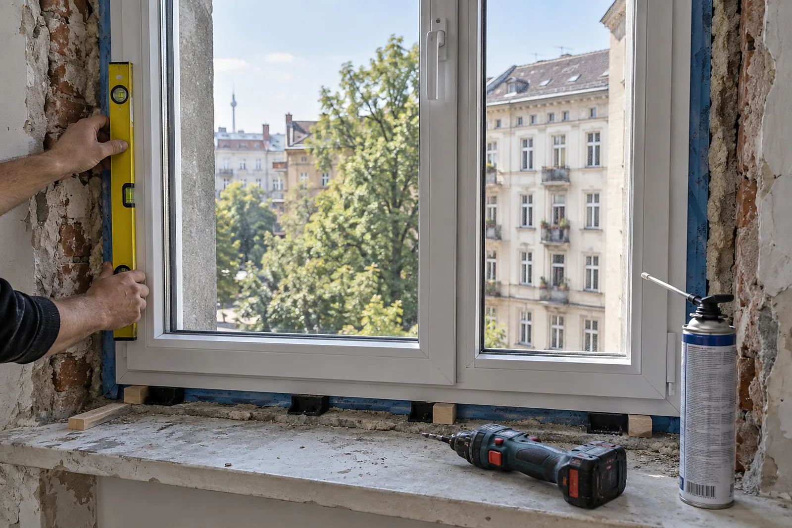 Fensterkosten berechnen: Aufmaß der Fensterlaibung mit Bandmaß in einem Berliner Altbau
