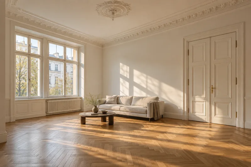 Sanierte Gründerzeitwohnung in Berlin mit restauriertem Stuck und geschliffenem Fischgrätparkett