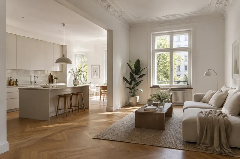 Offener Wohn- und Küchenbereich nach einem Wanddurchbruch in einer Berliner Altbauwohnung