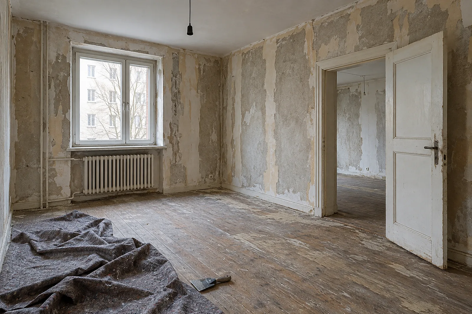 Leere Berliner Wohnung mit abgezogenen Tapeten vor der Renovierung für die Neuvermietung