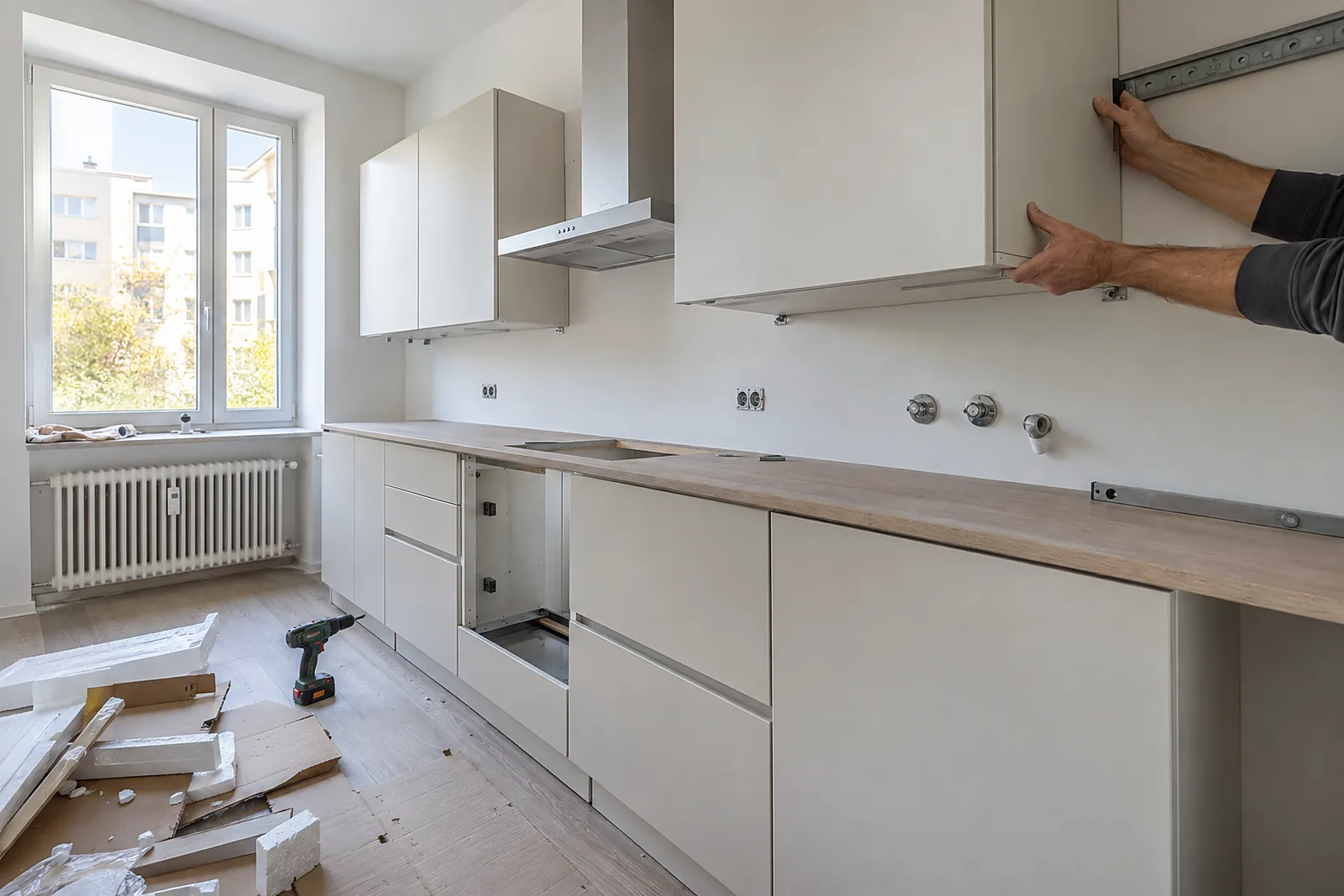 Montage einer Einbauküche im Innenausbau einer Berliner Neubauwohnung