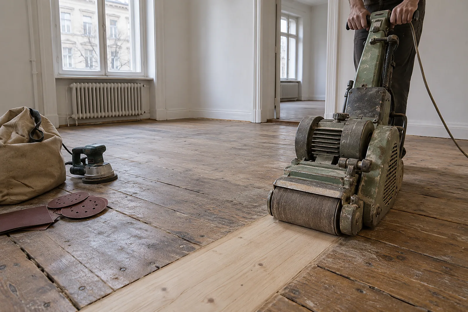 Aufarbeitung des alten Dielenbodens in einer Wohnung in Hellersdorf