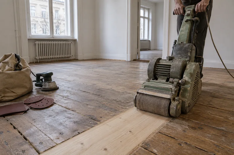 Dielenboden sanieren: Schleifmaschine auf alten Kieferndielen in einer Berliner Altbauwohnung