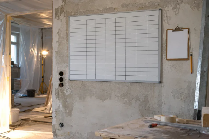 Ablauf der Wohnungssanierung: leerer Bauzeitenplan an der Wand einer Berliner Sanierungsbaustelle